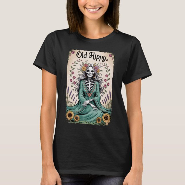 Old Hippy Skelett Blumen Tarot Shirt (Vorderseite)