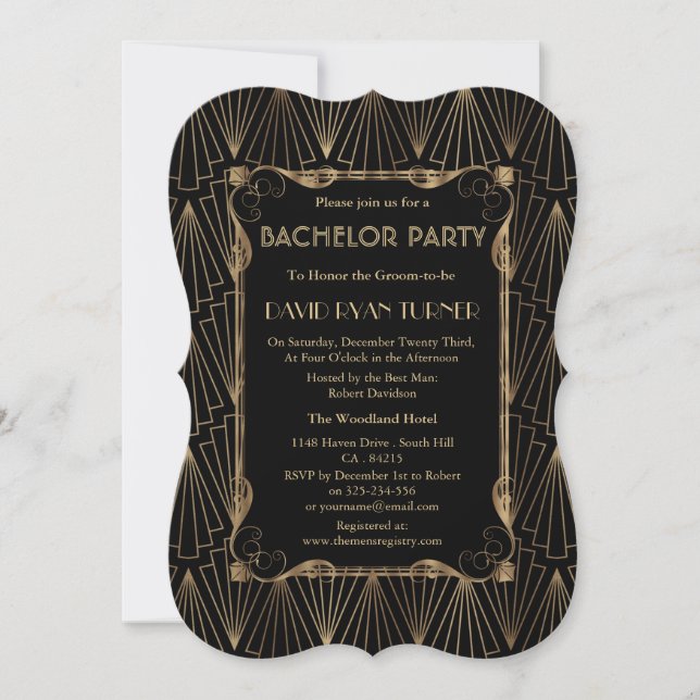 Old Hollywood Gold Great Gatsby Bachelor Party Einladung (Vorderseite)
