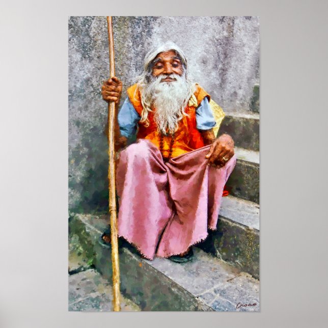 Old Indian Man With Staff Poster (Vorne)