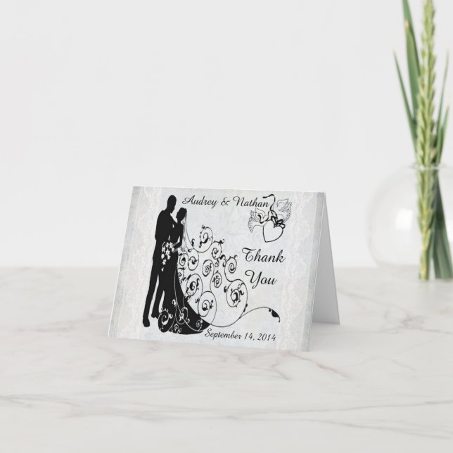 Old Lace Wedding Day Silhouetten Personalisierte K Dankeskarte (Vorderseite)
