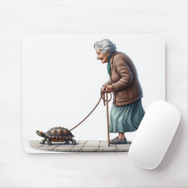 Old Lady Walking a Pet Turtle Mousepad (Mit Mouse)