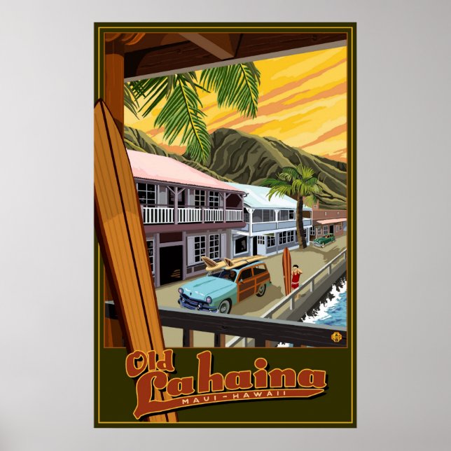 Old Lahaina, Hawaii Surf Reiseplakat Poster (Vorne)