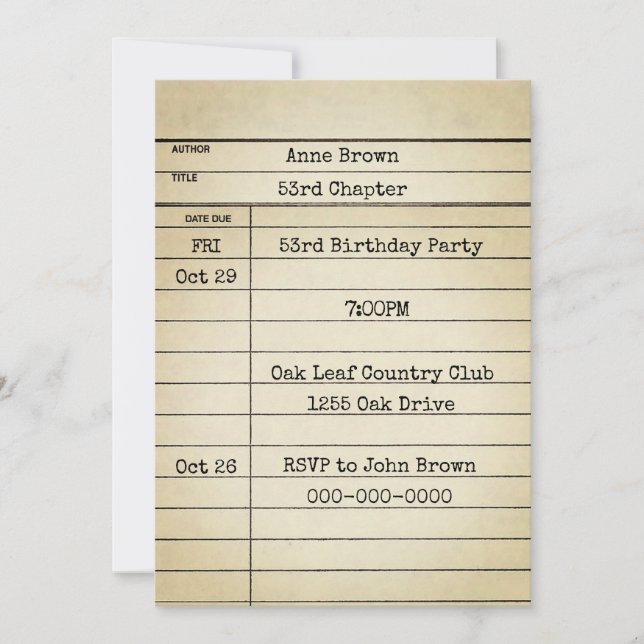 Old Library Card 53. Geburtstagsparty Einladung (Vorderseite)