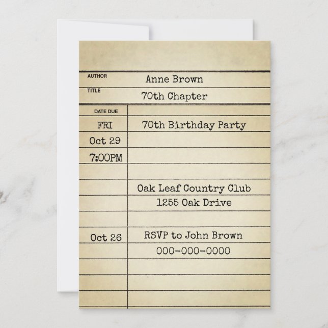 Old Library Card 70. Geburtstagsparty Einladung (Vorderseite)
