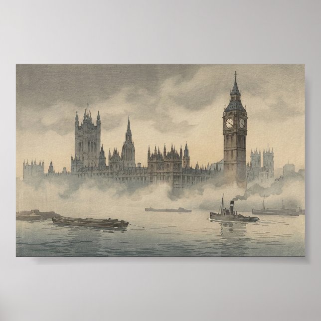 Old London in the Mist Japanese Woodblock Print Poster (Vorne)