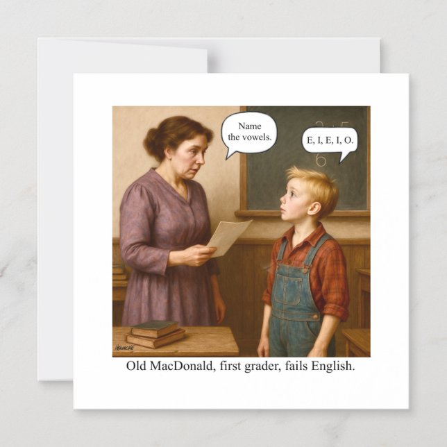 Old MacDonald, Erstklässler, fällt durch Englisch. Magneteinladung (Vorderseite)