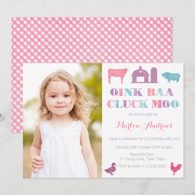 Old MacDonald Farm Animals Party Cards Picture Einladung (Vorne/Hinten)