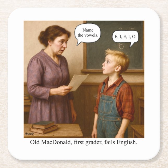 Old MacDonald, first grader, fails English. Rechteckiger Pappuntersetzer (Vorderseite)
