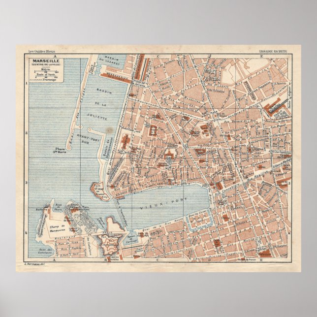 Old Marseilles France Map (1925) Poster (Vorne)