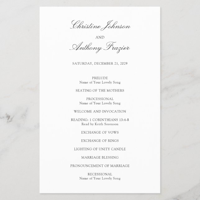Old Money Black and White Classic Wedding Program Flyer (Vorne)