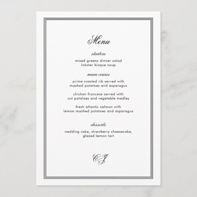 Old Money Black and White Wedding Menu Card Einladung (Vorderseite)