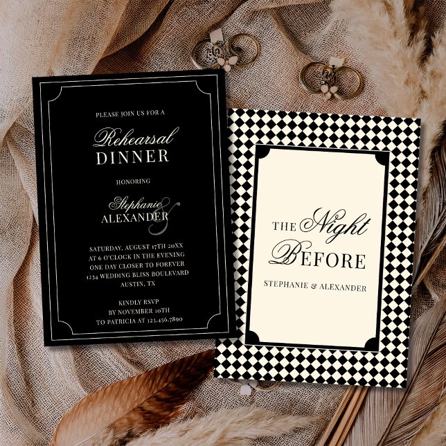 Old Money Black Ivory Checkered Rehearsal Dinner  Einladung (Von Creator hochgeladen)