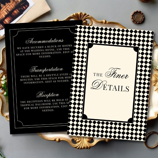 Old Money Black Ivory Checkered Wedding Details Begleitkarte (Von Creator hochgeladen)