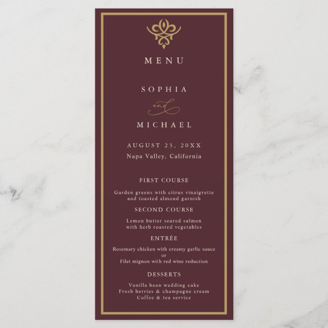 Old Money Burgundy Wedding Flat Menu Menükarte (Vorderseite)
