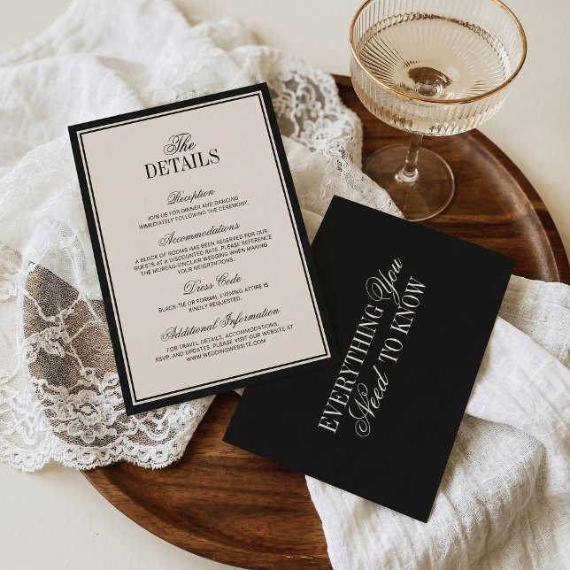Old Money Classic Black Cream Wedding Details Begleitkarte (Von Creator hochgeladen)