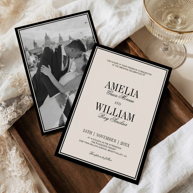 Old Money Classic Luxury Black Cream Photo Wedding Einladung (Von Creator hochgeladen)