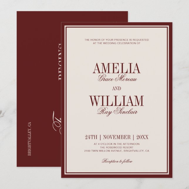 Old Money Classic Luxury Burgundy Wedding Einladung (Vorne/Hinten)