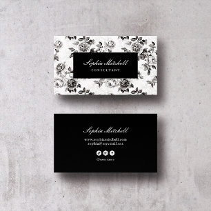 Old Money Floral Dunkles Schwarz und Weiß Visitenkarte