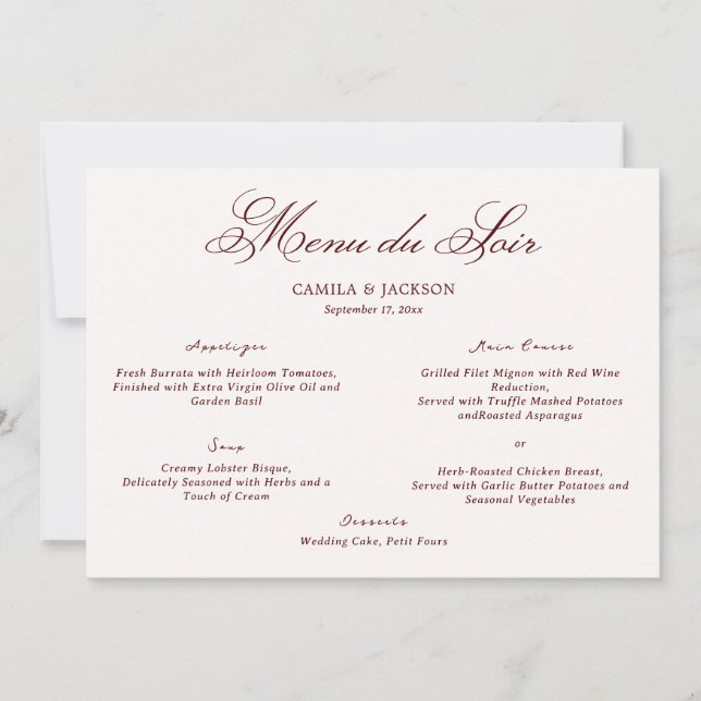 Old Money Ivory & Burgundy Wedding Menu Card Einladung (Vorderseite)