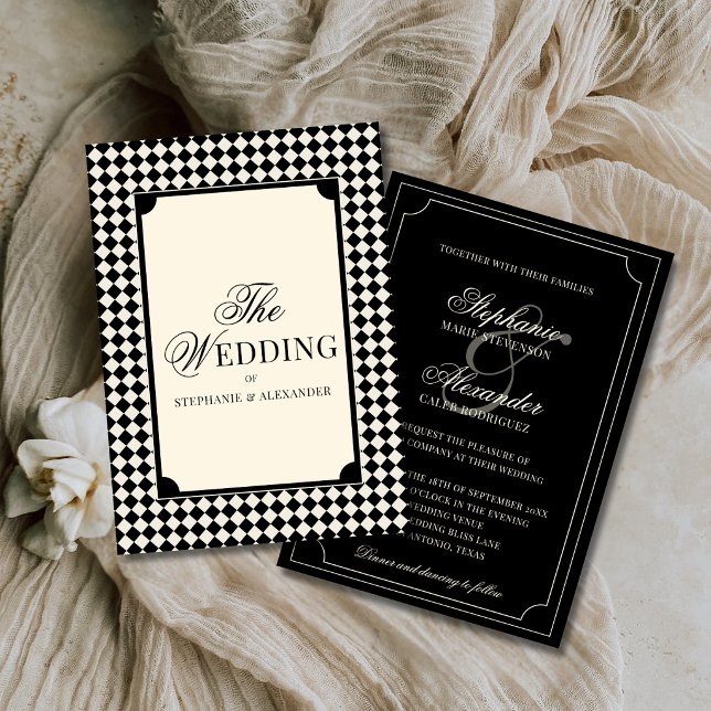 Old Money Luxury Black & Ivory Checkered Wedding Einladung (Von Creator hochgeladen)