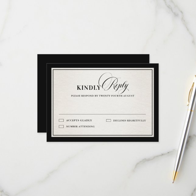 Old Money Modern Formal Black Luxury Chic Wedding RSVP Karte (Vorderseite/Rückseite Beispiel)