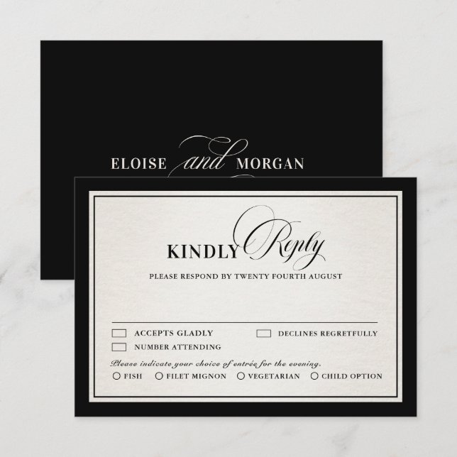Old Money Modern Formal Black Luxury Meal Choice RSVP Karte (Vorne/Hinten)