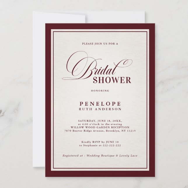 Old Money Modern Formal Burgundy Bridal Shower  Einladung (Vorderseite)