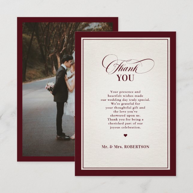 Old Money Modern Formal Burgundy Luxury Wedding Dankeskarte (Vorne/Hinten)