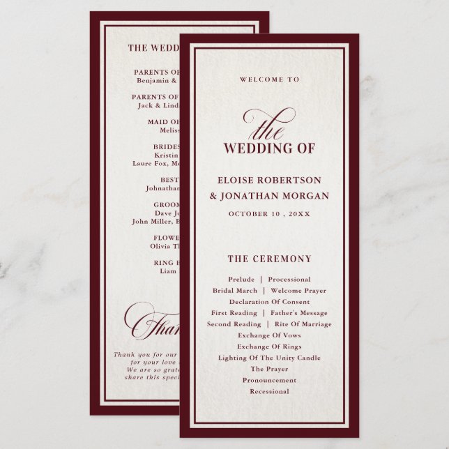 Old Money Modern Formal Burgundy Luxury Wedding Programm (Vorne/Hinten)