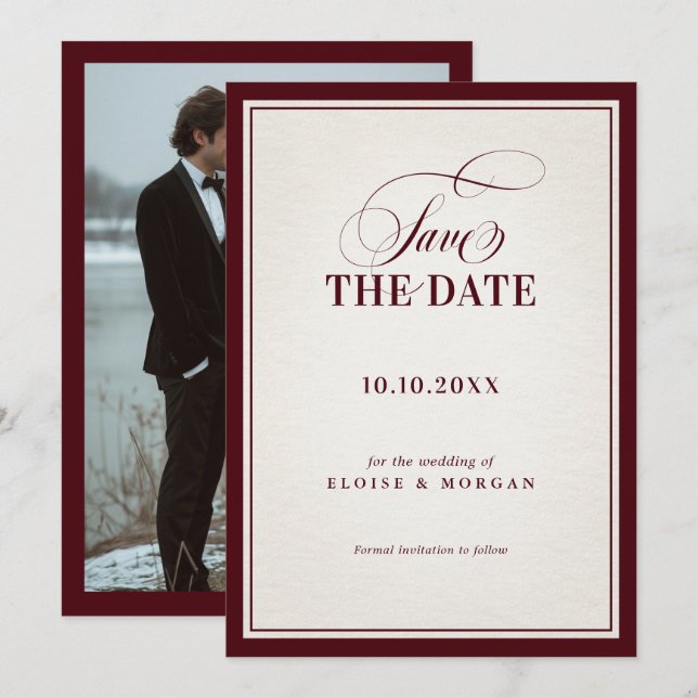 Old Money Modern Formal Burgundy Luxury Wedding Save The Date (Vorne/Hinten)