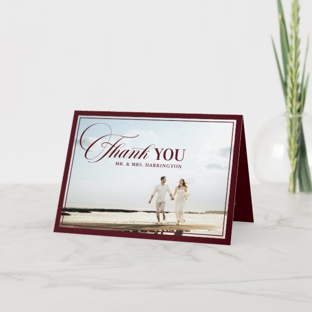 Old Money Modern Formal Burgundy Photo Wedding Dankeskarte (Vorderseite)
