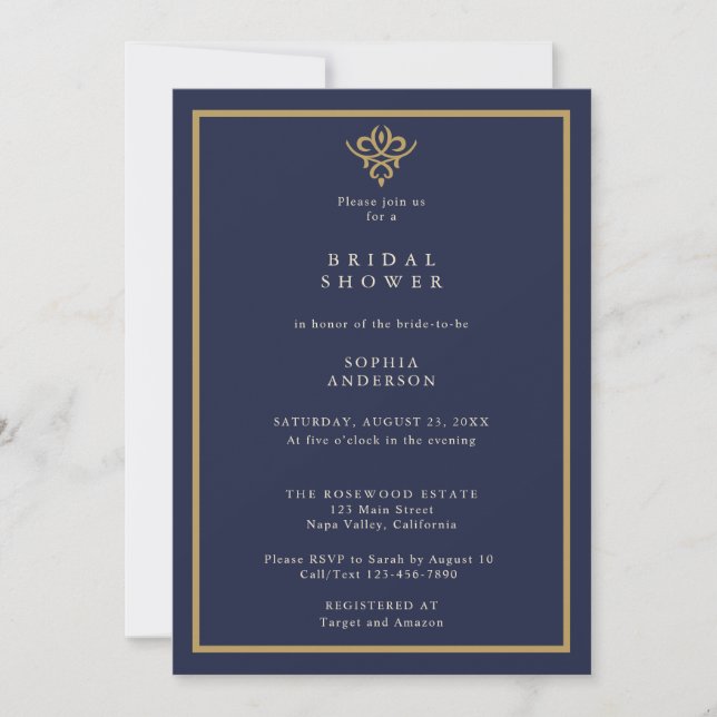 Old Money Navy Blue  Bridal Shower Invitation Einladung (Vorderseite)