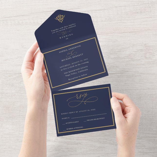 Old Money Navy Blue Wedding All In One Invitation All In One Einladung (Abreißen)
