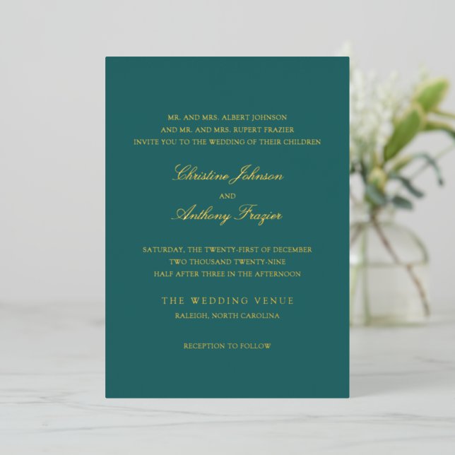 Old Money Teal Classic Wedding Folieneinladung (Stehend vorne)
