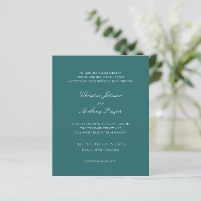 Old Money Teal Classic Wedding Invite (Stehend Vorderseite)