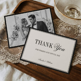 Old Money Timeless Black Cream Wedding Photo Dankeskarte