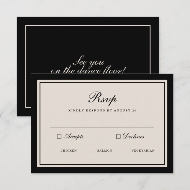 Old Money Wedding Classic Black RSVP Card Begleitkarte (Vorne/Hinten)