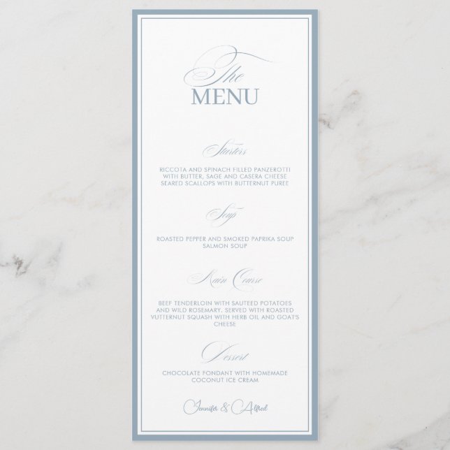 Old Money Wedding Dusty Blue Dinner Menu Card Menükarte (Vorderseite)