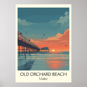 Old Orchard Beach ME Vintag Pier Sunset Art Poster
