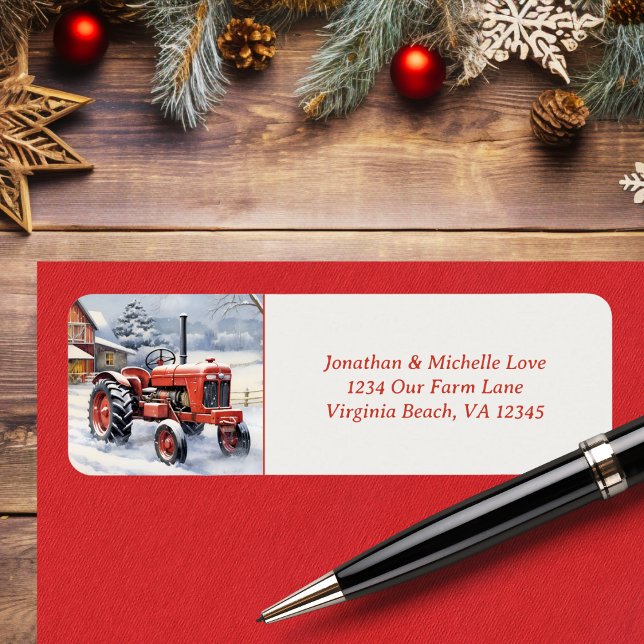 Old Red Tractor Snowy Winter Farm Adresse (Old Red Tractor Snowy Winter Farm Address Label)
