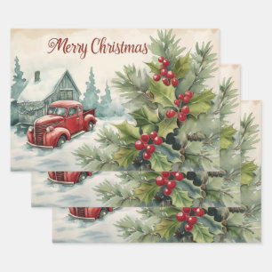 Old Red Truck Frohe Weihnachten Geschenkpapier Set