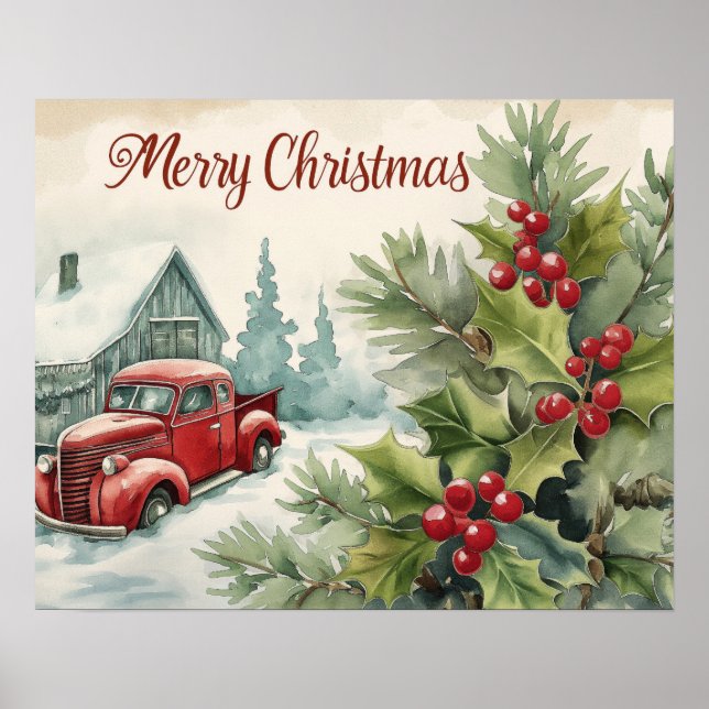 Old Red Truck Frohe Weihnachten Poster (Vorne)