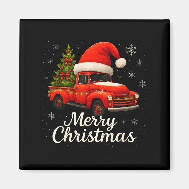 Old Red Truck Santa Hat Xmas Tree Merry Christmas  Magnet (Vorne)