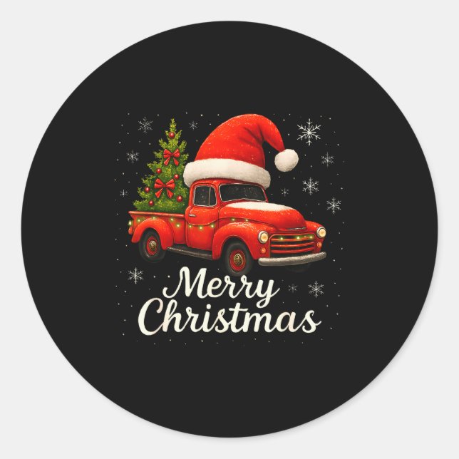 Old Red Truck Santa Hat Xmas Tree Merry Christmas  Runder Aufkleber (Vorderseite)