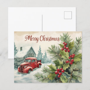 Old Red Truck Weihnachts Postcard Feiertagspostkarte