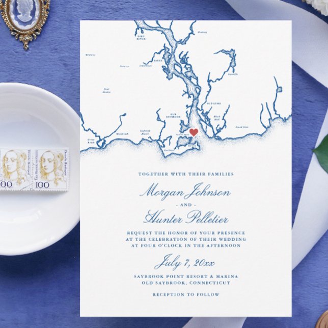 Old Saybrook CT Map Elegant Navy Blue Wedding Einladung (Old Saybrook Connecticut Map Wedding Invitation in elegant navy blue from Coastal Map Designs)