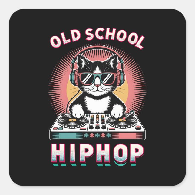 Old School Cool Cat DJ Quadratischer Aufkleber (Vorderseite)
