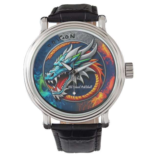 Old School Pickleball Drachen blau Uhr (Vorderseite)