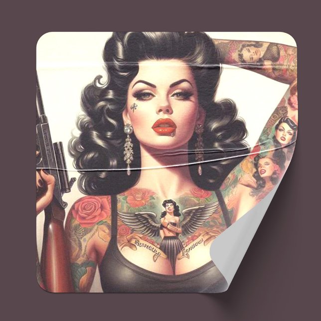 Old School Tattoo Girl Quadratischer Aufkleber (Von Creator hochgeladen)
