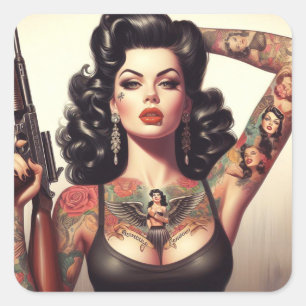 Old School Tattoo Girl Quadratischer Aufkleber